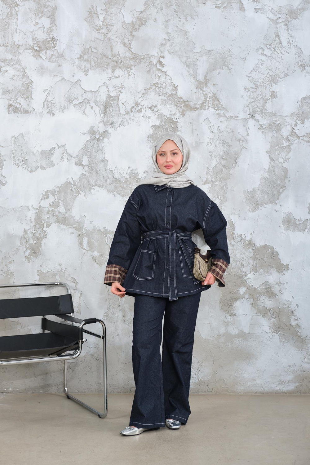 Dikiş Detay Gömlek Yaka Garnili İkili Takım Lacivert