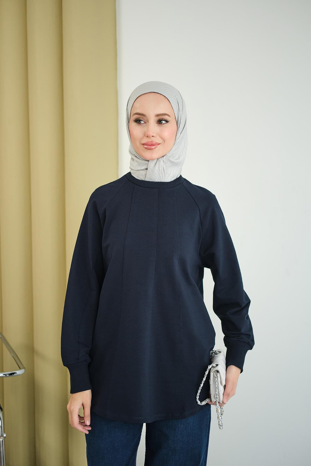 Dikiş Detaylı Bisiklet Yaka Sweat Lacivert