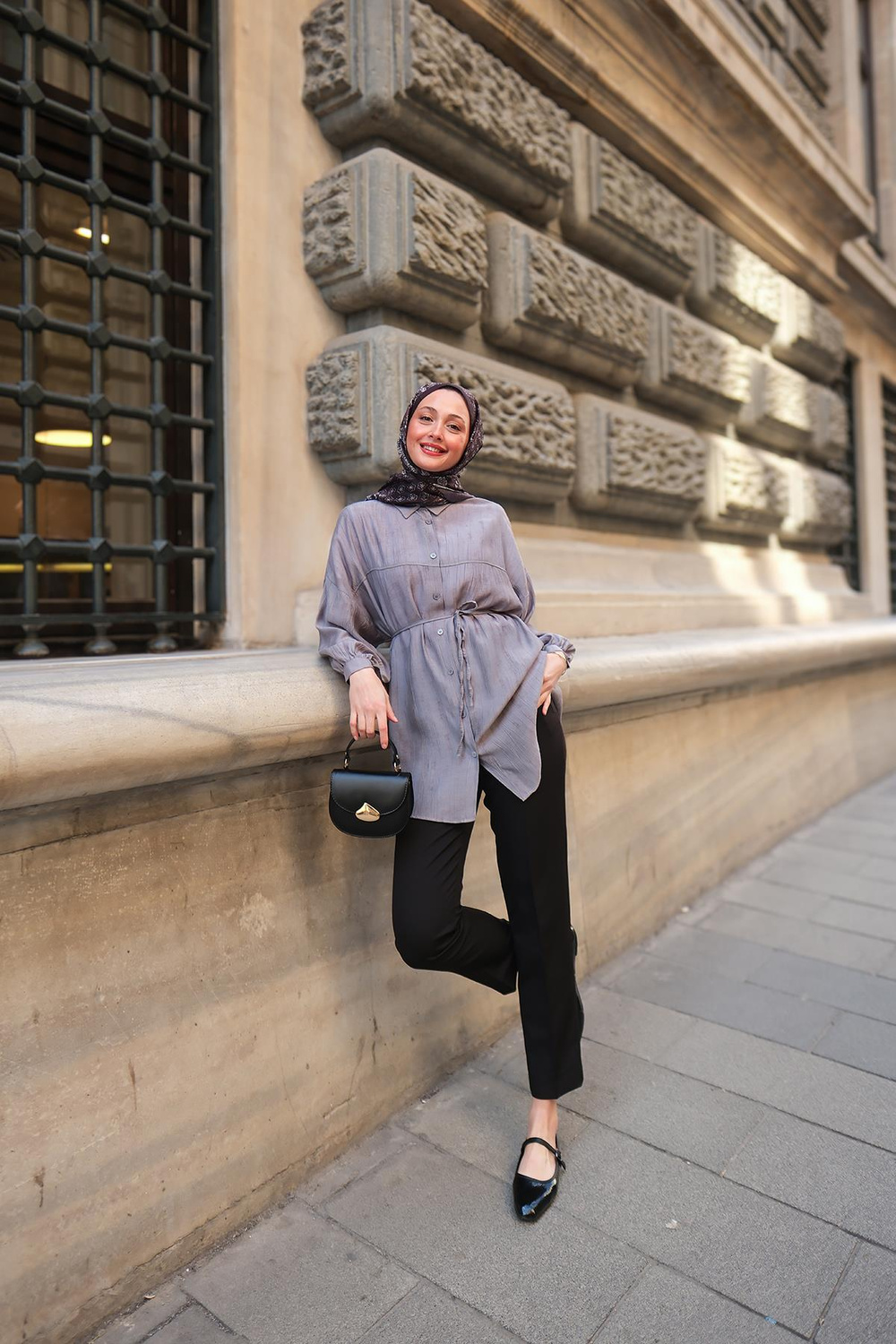 Dokulu Oversize Gömlek Mavi