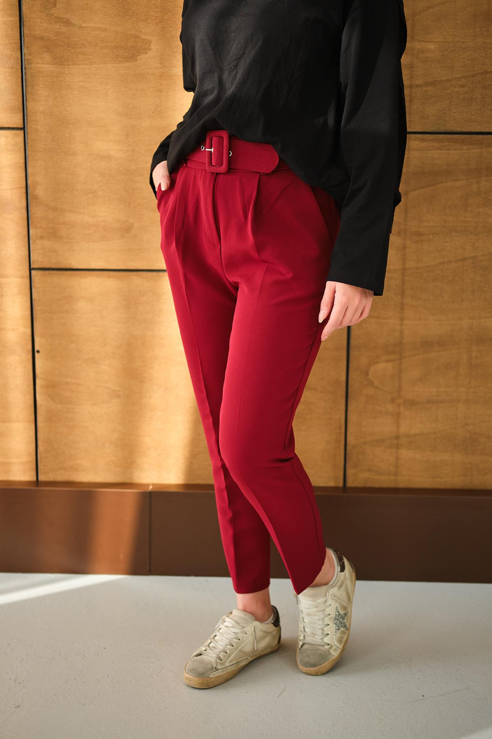 DUBLE KAPLAMA KEMERLI PANTOLON Bordo