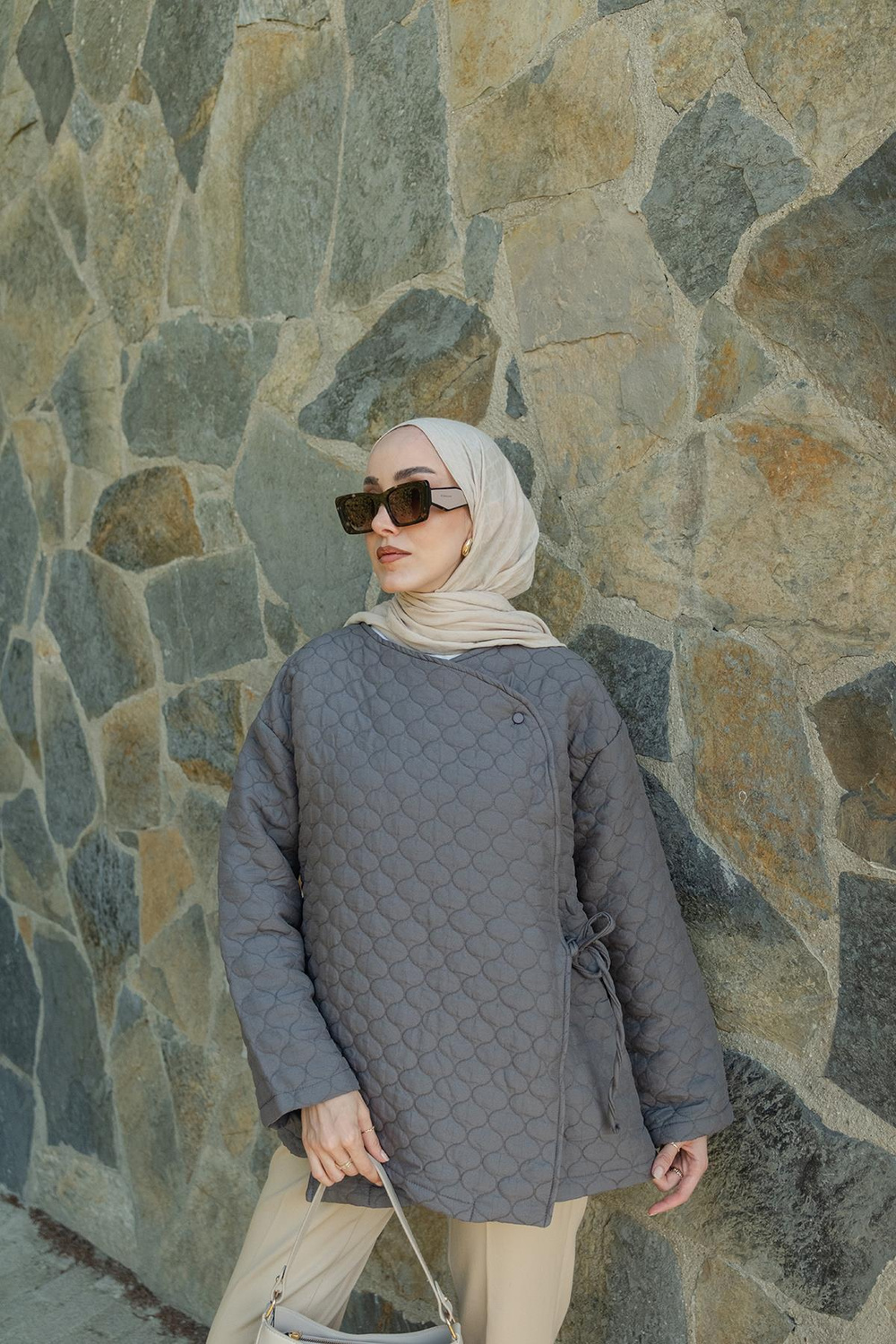 Düğme Detay Bağlamalı Ceket Gri