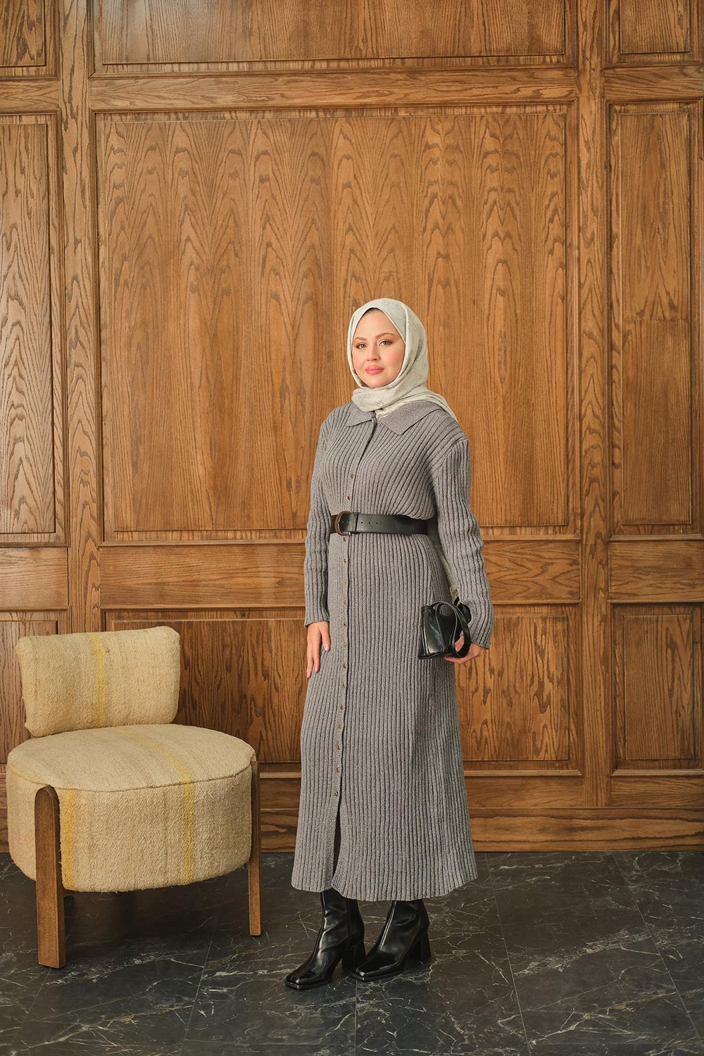 Düğme Detay Triko Elbise Gri