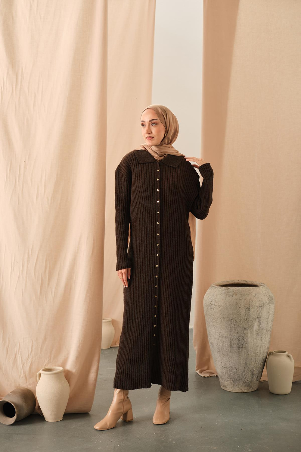 Düğme Detay Triko Elbise Kahverengi