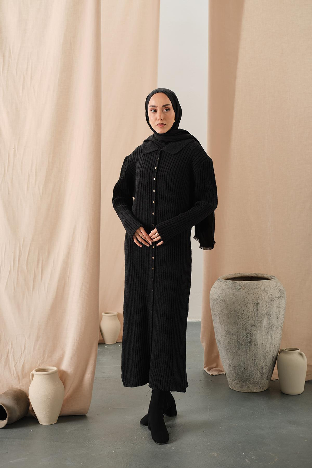 Düğme Detay Triko Elbise Siyah