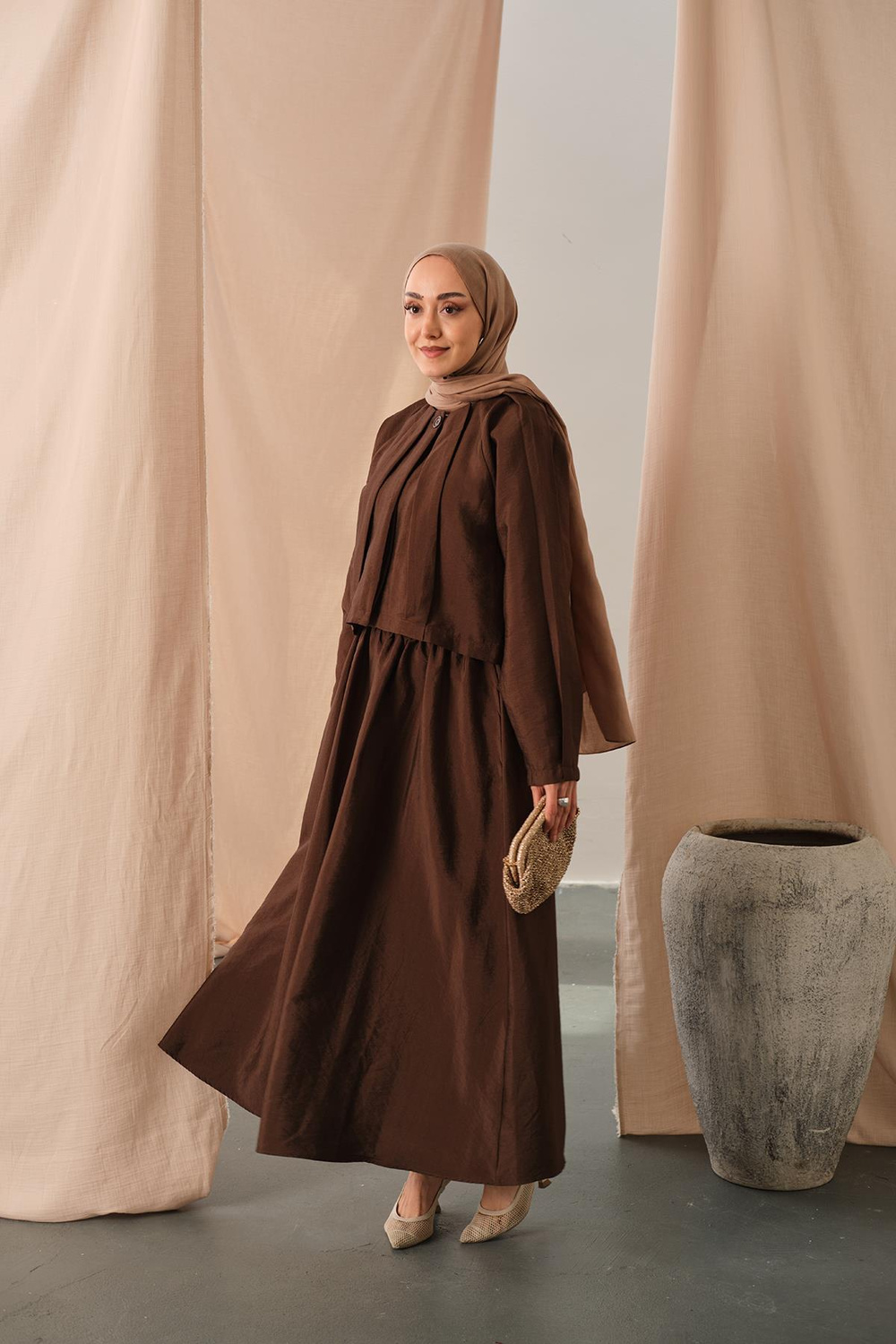 Düğme Detaylı Cupra Elbise Kahverengi
