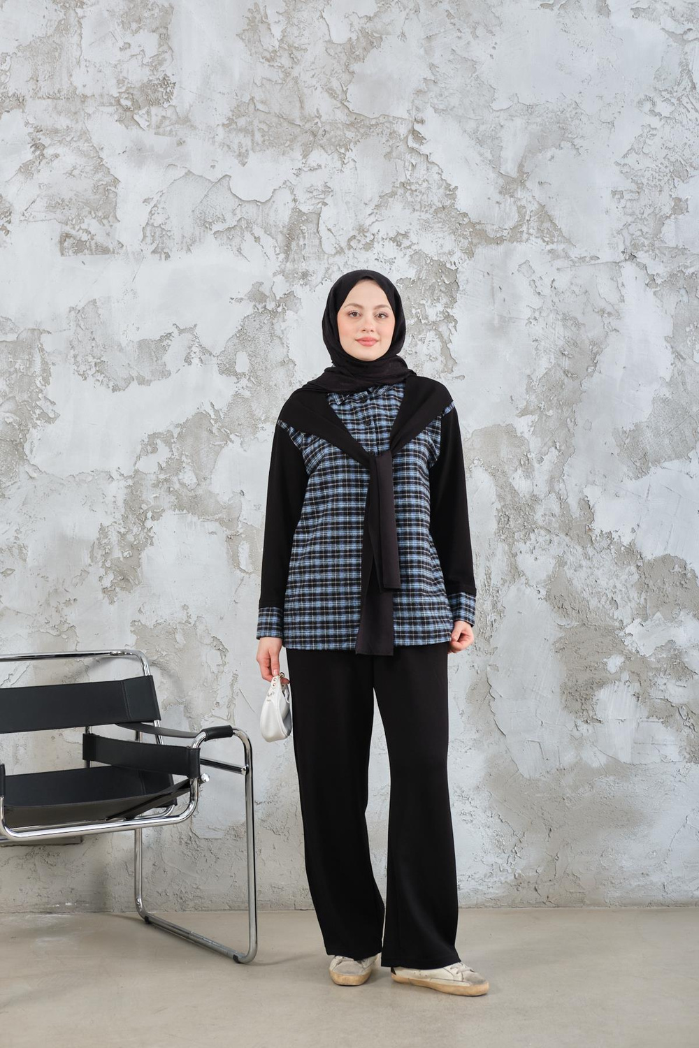 Ekose Desen İkili Takım Açık Mavi