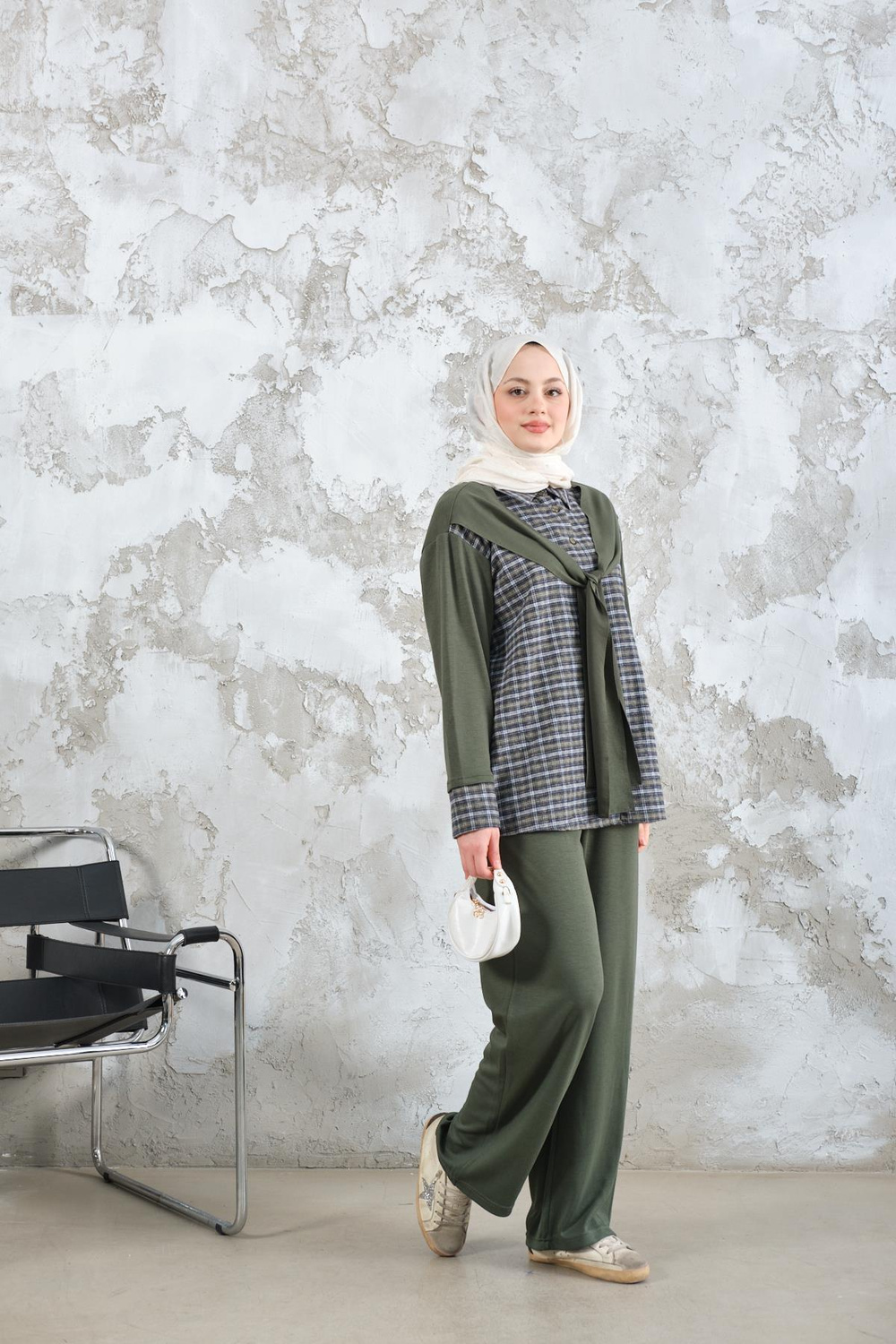 Ekose Desen İkili Takım Haki Yeşil