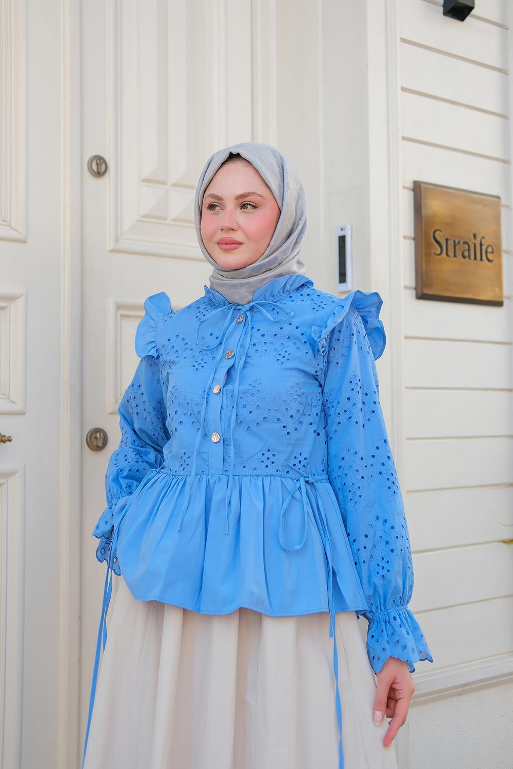 Eteği Pileli Gömlek Mavi