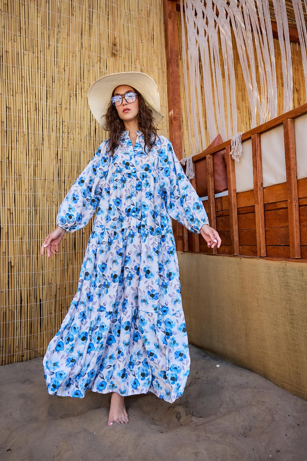 Etnik Çicek Desenli Elbise Mavi