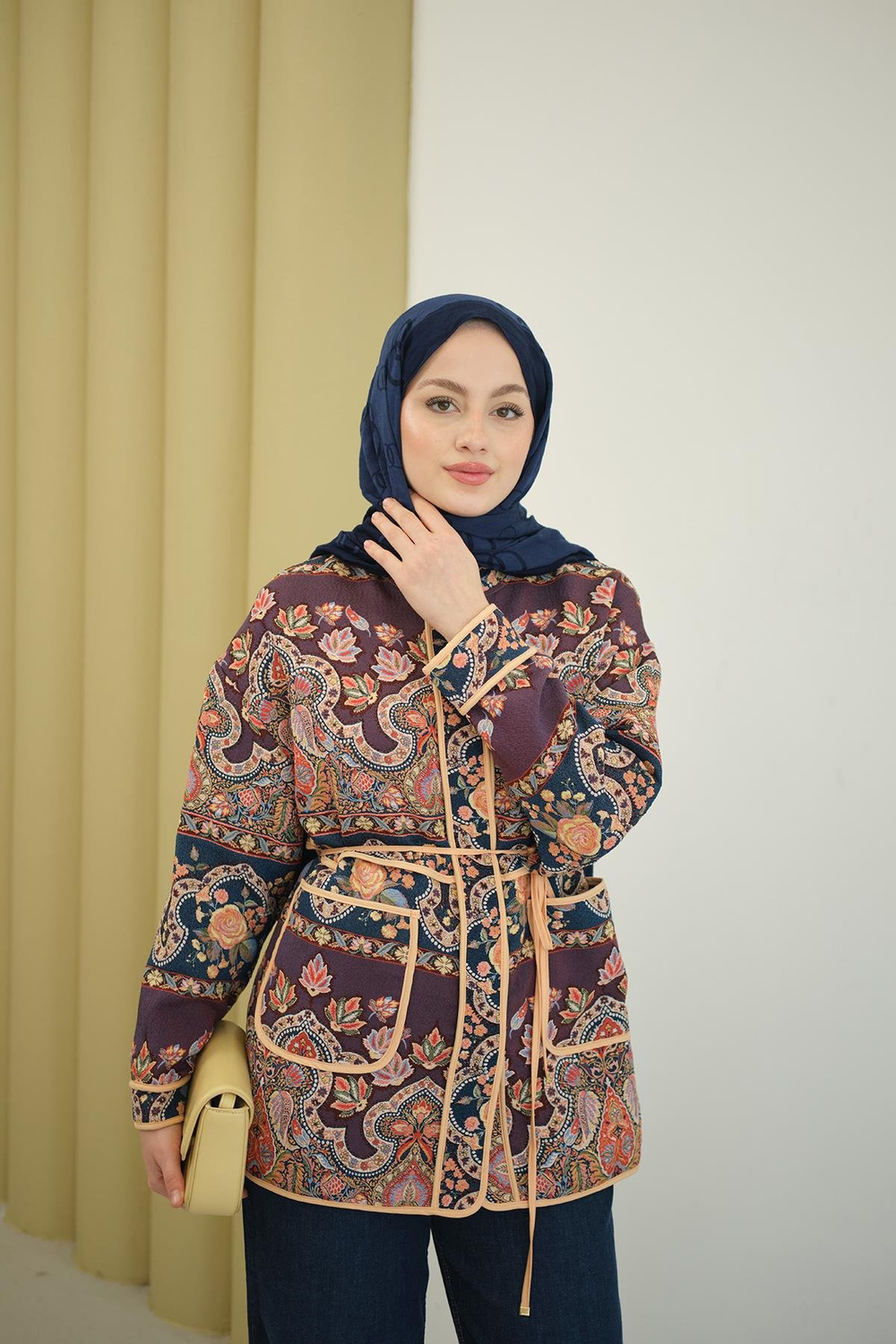 Etnik Desen Biyeli Ceket Mürdüm