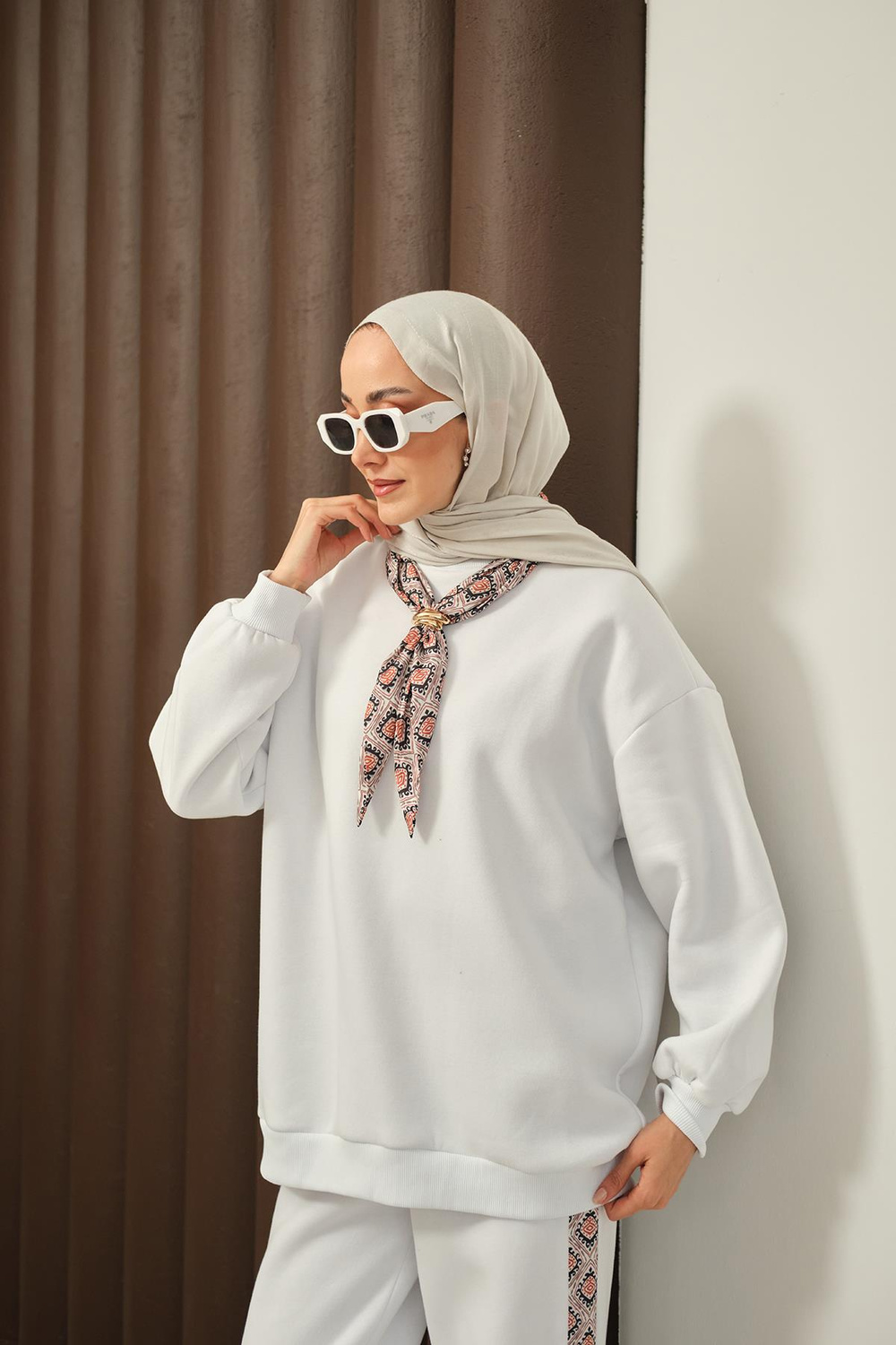 Etnik Desen İkili Takım Beyaz