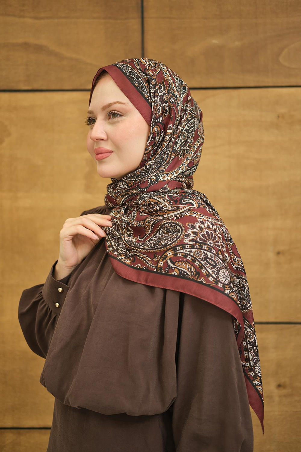 Etnik Yaprak Desen Şal Bordo