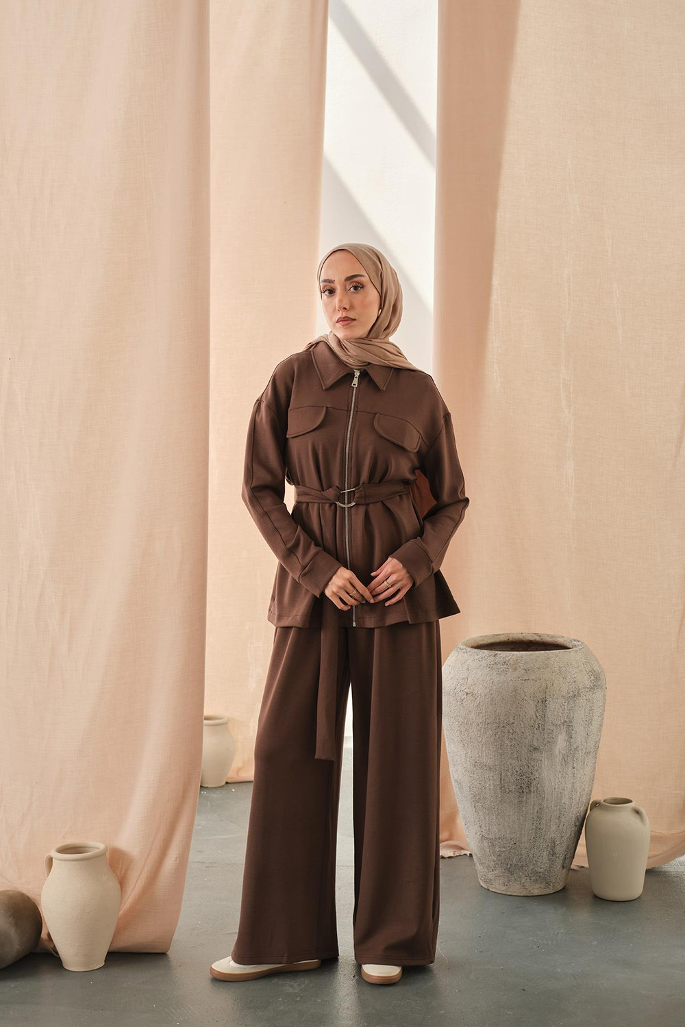 Fermuar Detay Bel Bağlamalı İkili Takım Kahverengi