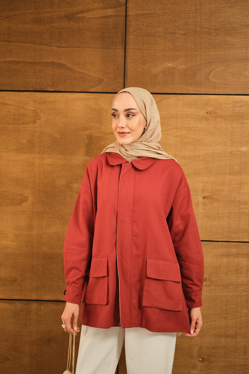 Fermuarlı Gabardin Ceket Kiremit