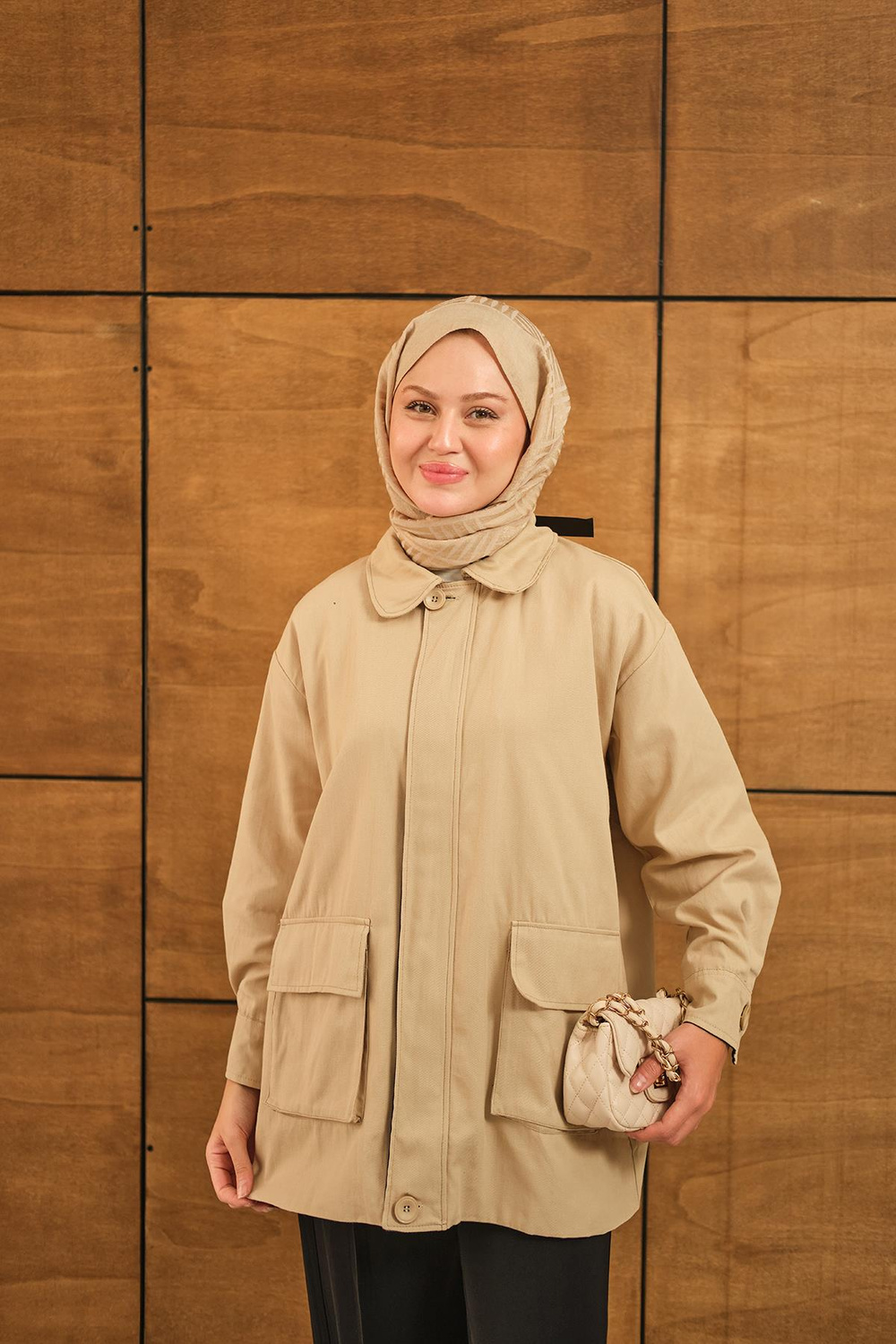 Fermuarlı Gabardin Ceket Taş