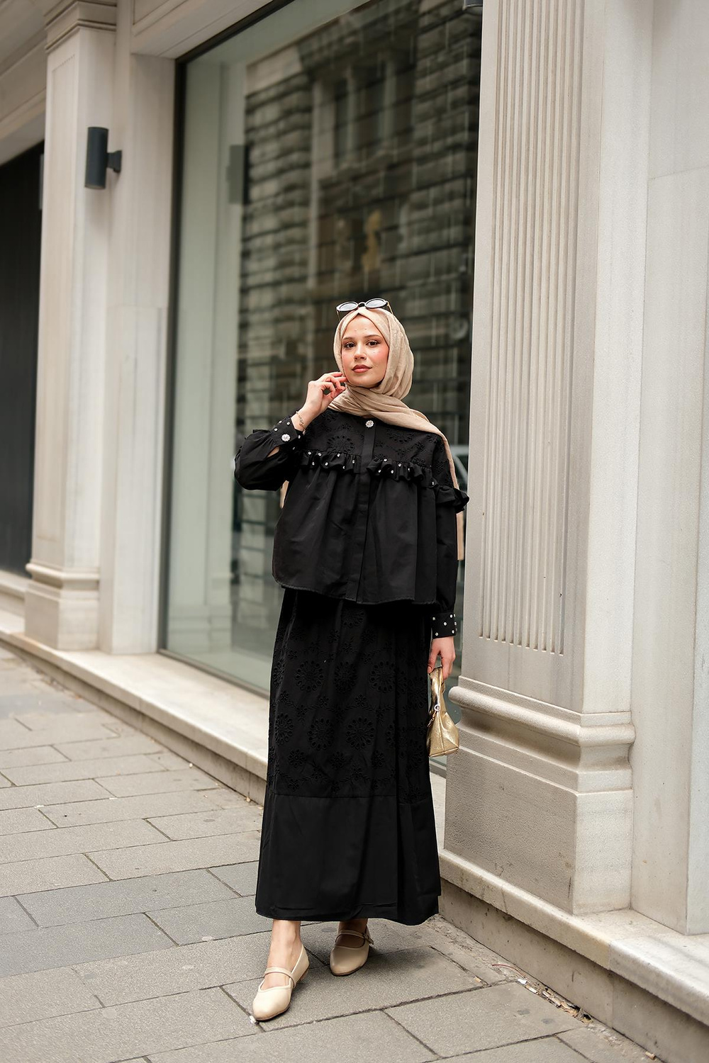 Fırfırı Taş İşlemeli Takım Siyah