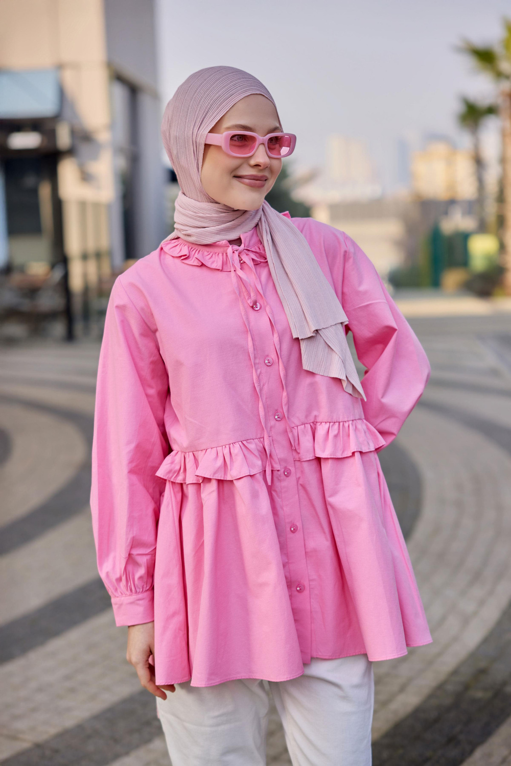 Fırfırlı Düğmesi Taş Detaylı Tunik Gömlek Pembe