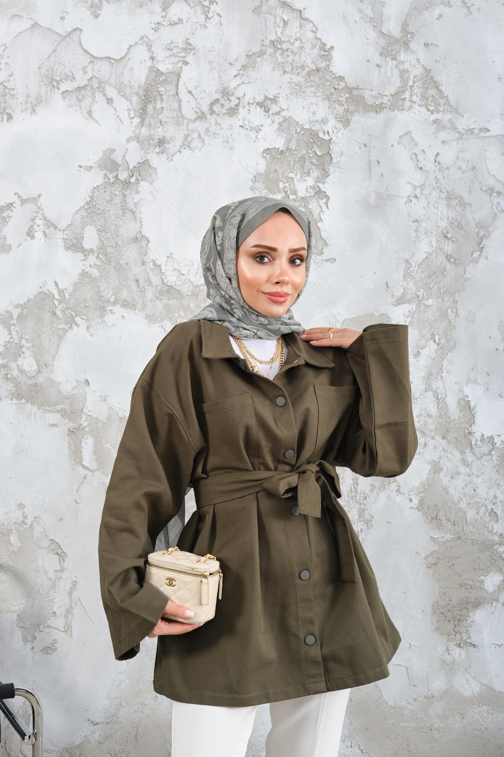 Gabardin Çıtçıt Detay Bel Bağlamalı Ceket Haki Yeşil