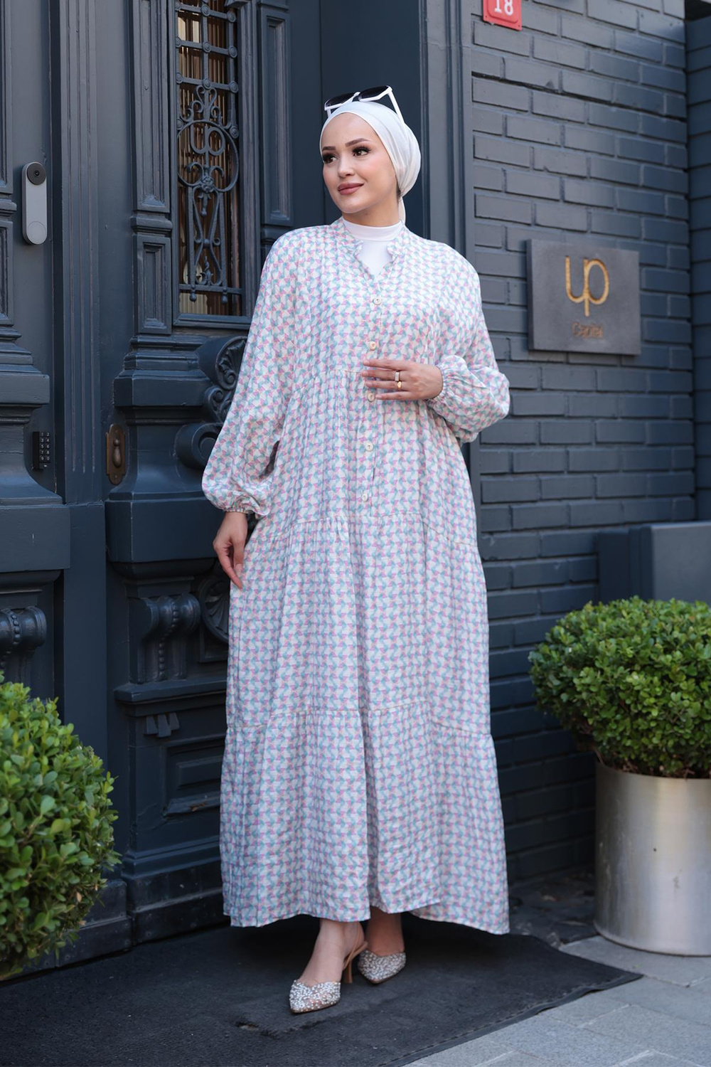 Geometrik Dalgalı Desenli Elbise Pembe