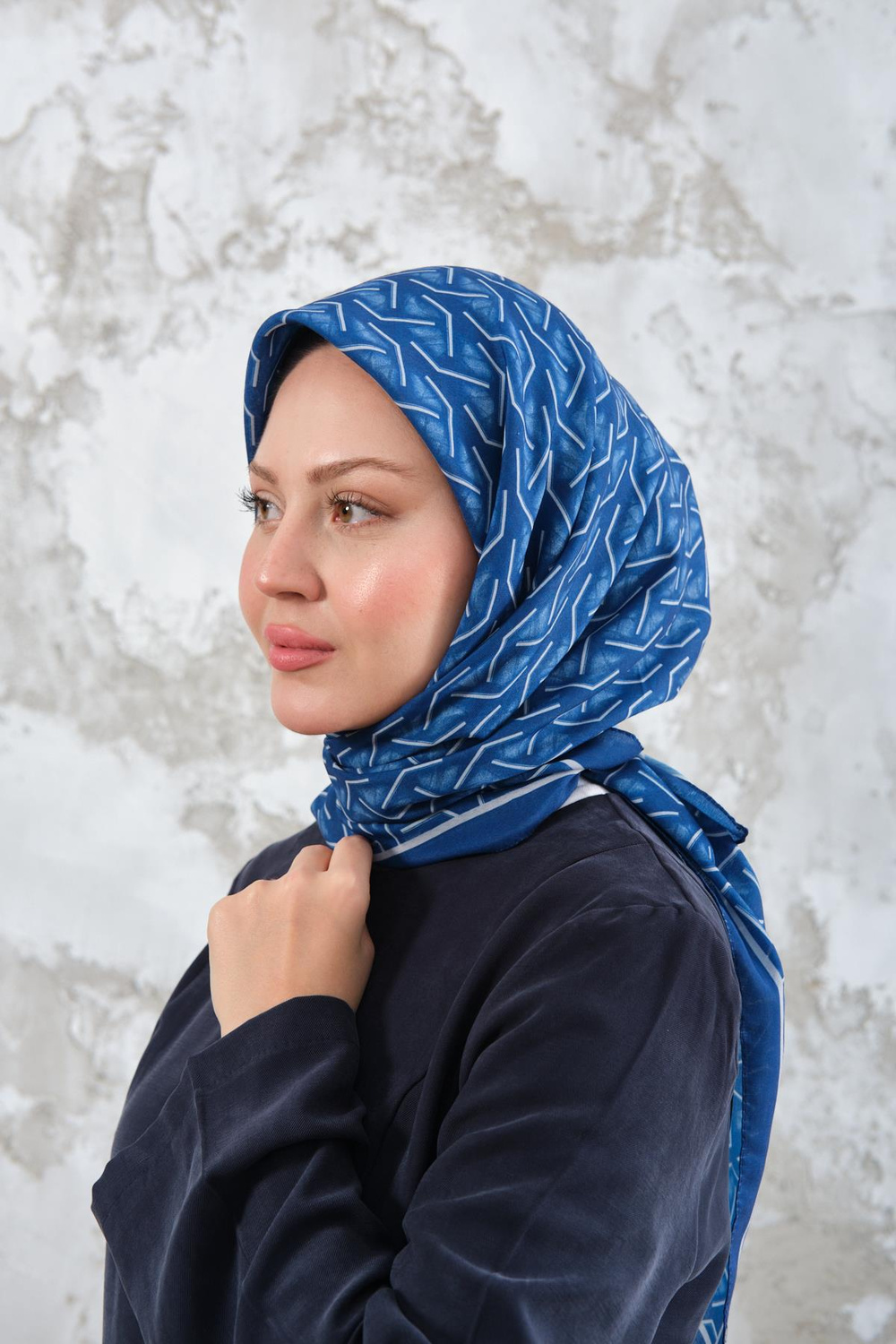 Geometrik Desen Eşarp Saks Mavi