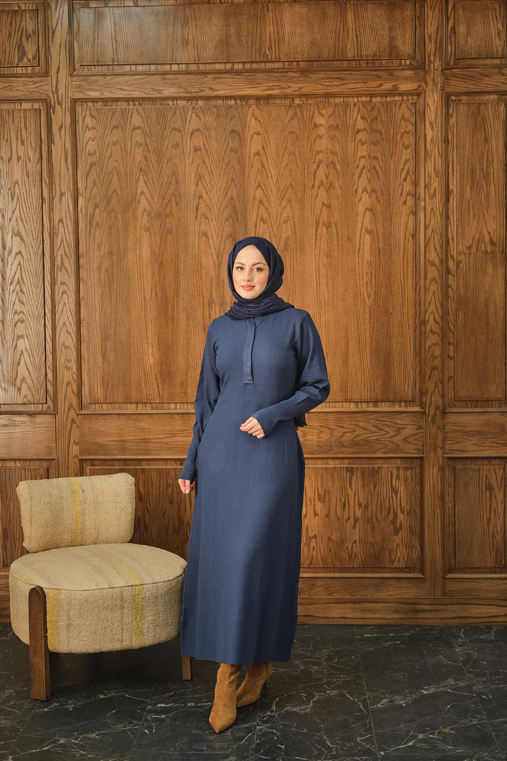 Gizli Düğme Detaylı Elbise İndigo Mavi