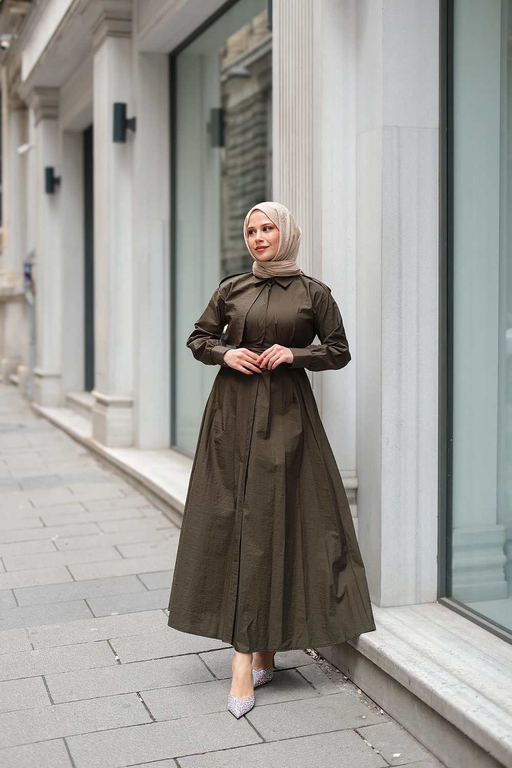 Gizli Düğmeli Apolet Detay Elbise Haki Yeşil