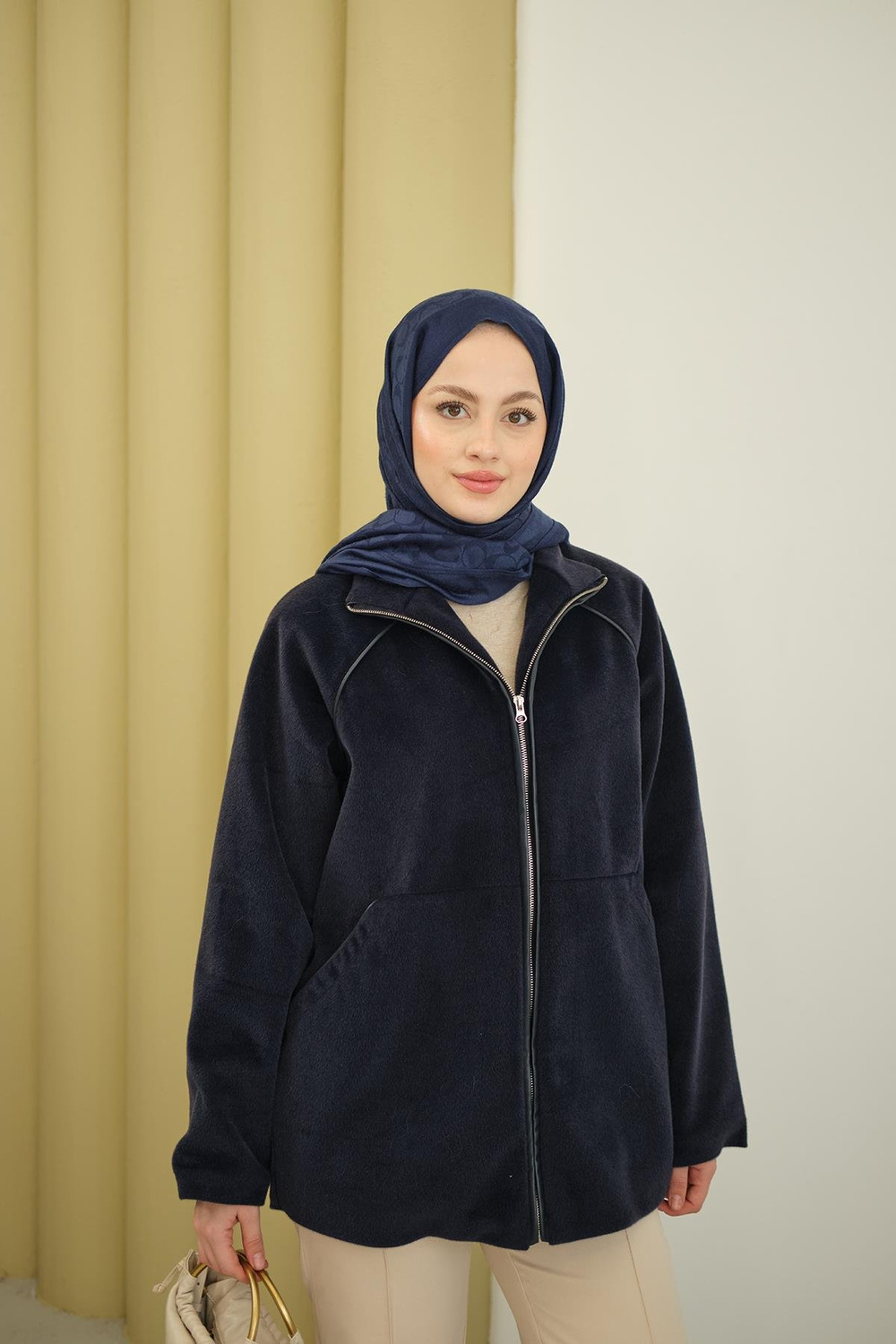 Gizli Fermuar Detay Deri Şeritli Ceket Lacivert