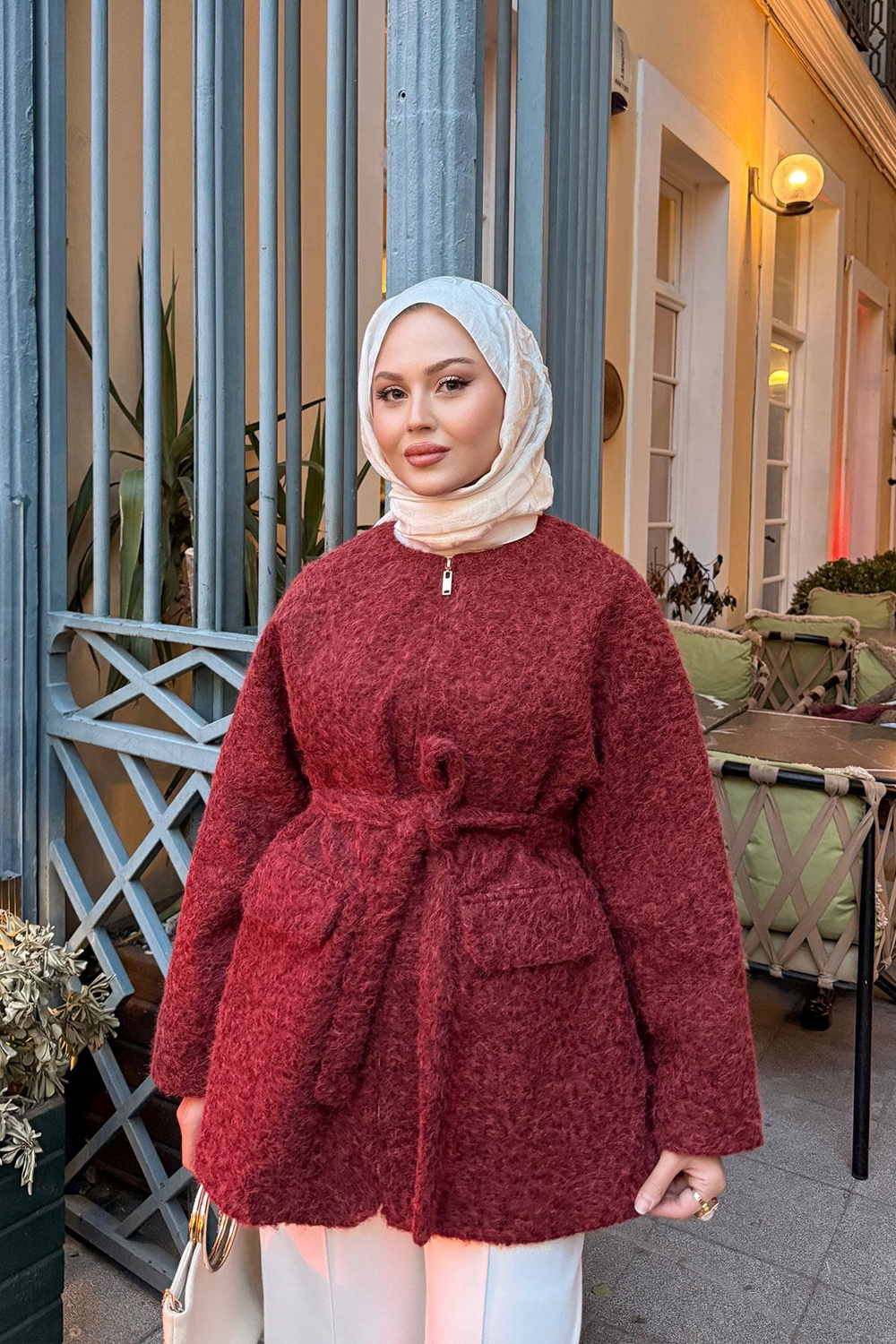 Gizli Fermuarlı Detay Bel Bağlamalı Ceket Bordo