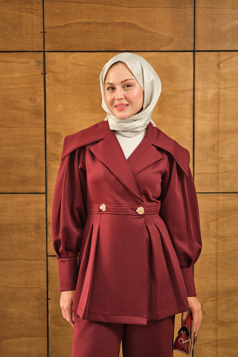 Gold Düğme Detay İkili Takım Bordo