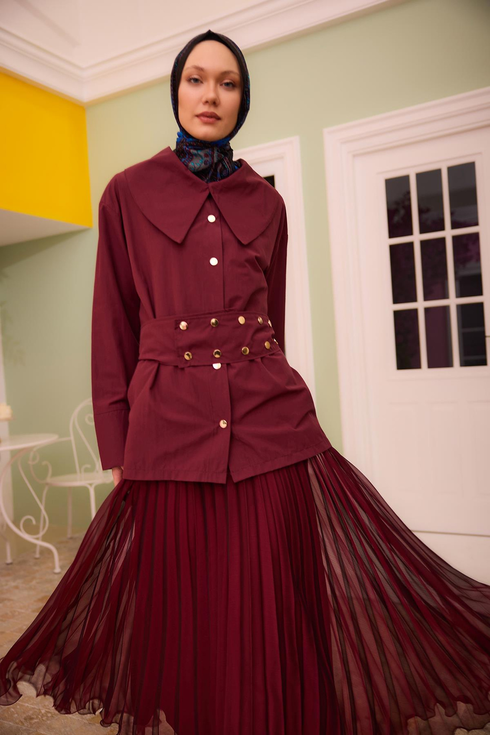 Gold Düğme Ve Kemer Detaylı Gömlek Bordo