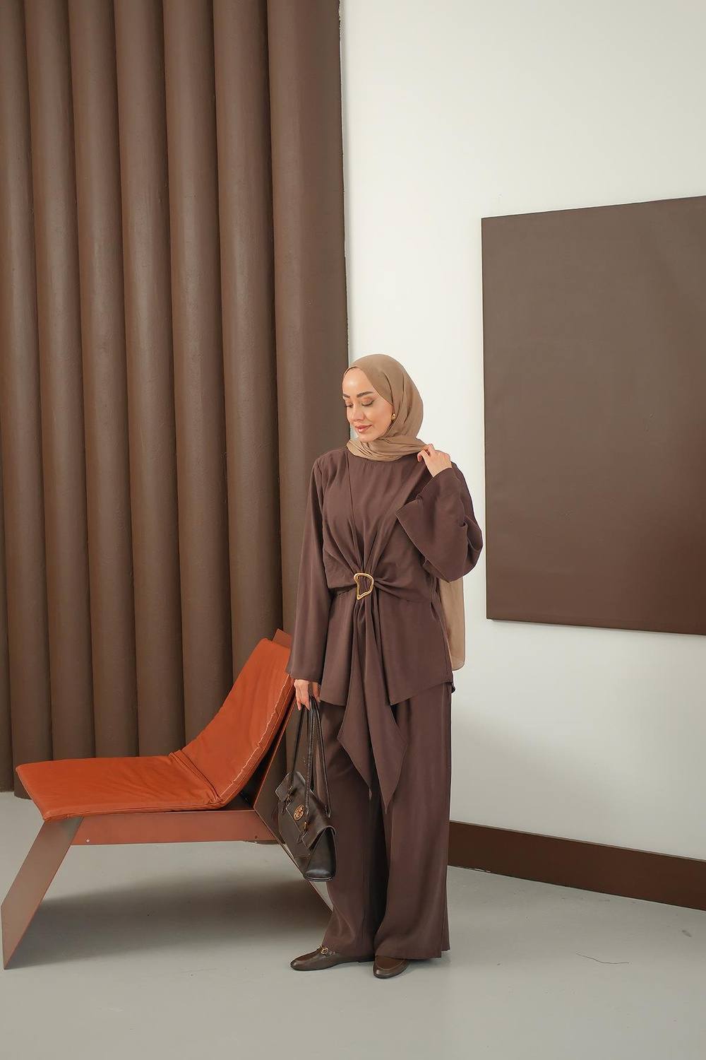 Gold Kemer Detay Takım Kahverengi