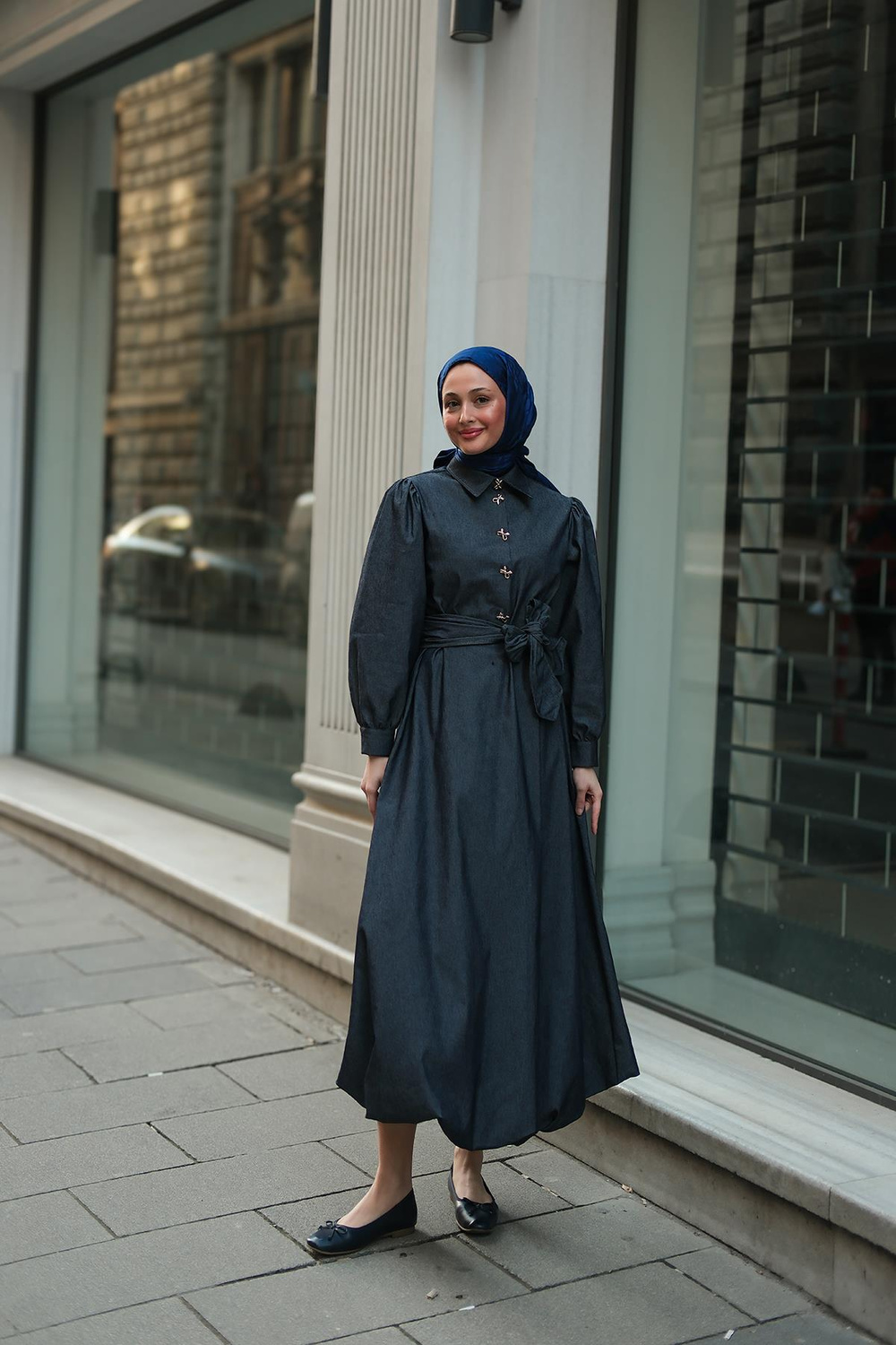 Gold Kurdele Düğme Detaylı Kot Elbise Lacivert