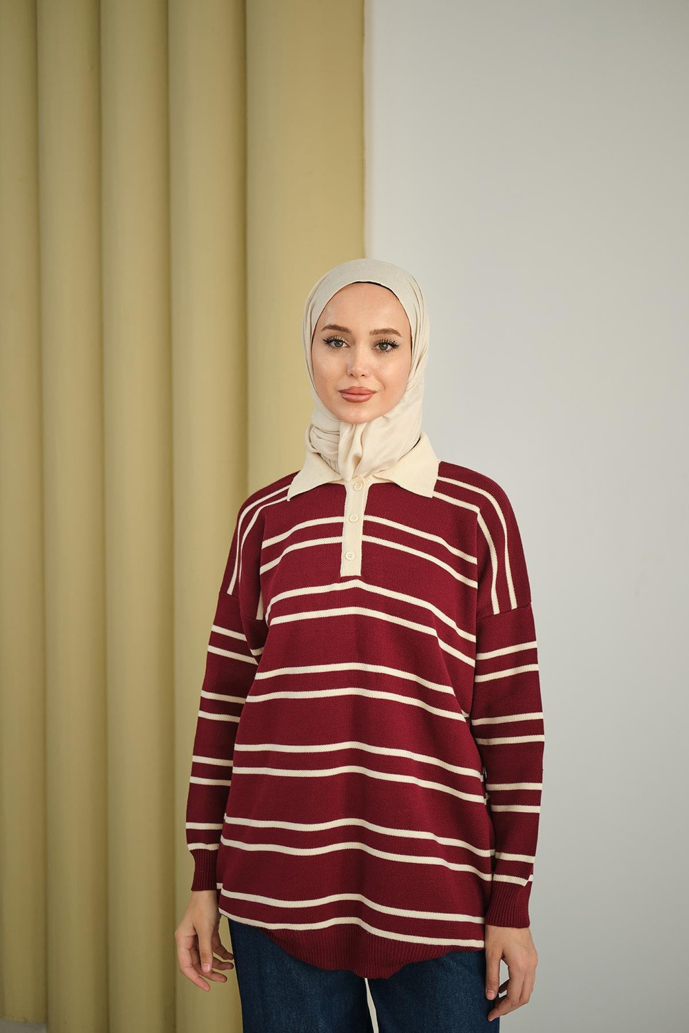 Gömlek Yaka Çizgili Triko Bordo