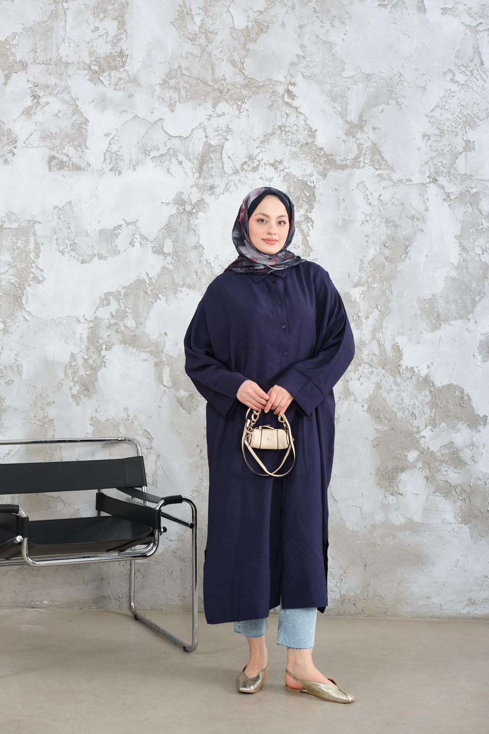 Gömlek Yaka Tensel Düğmeli Elbise Lacivert