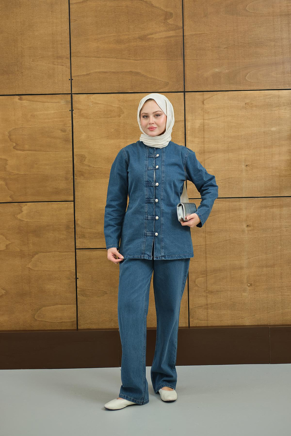 Gümüş Düğme Detaylı Takım Yıkama Mavi