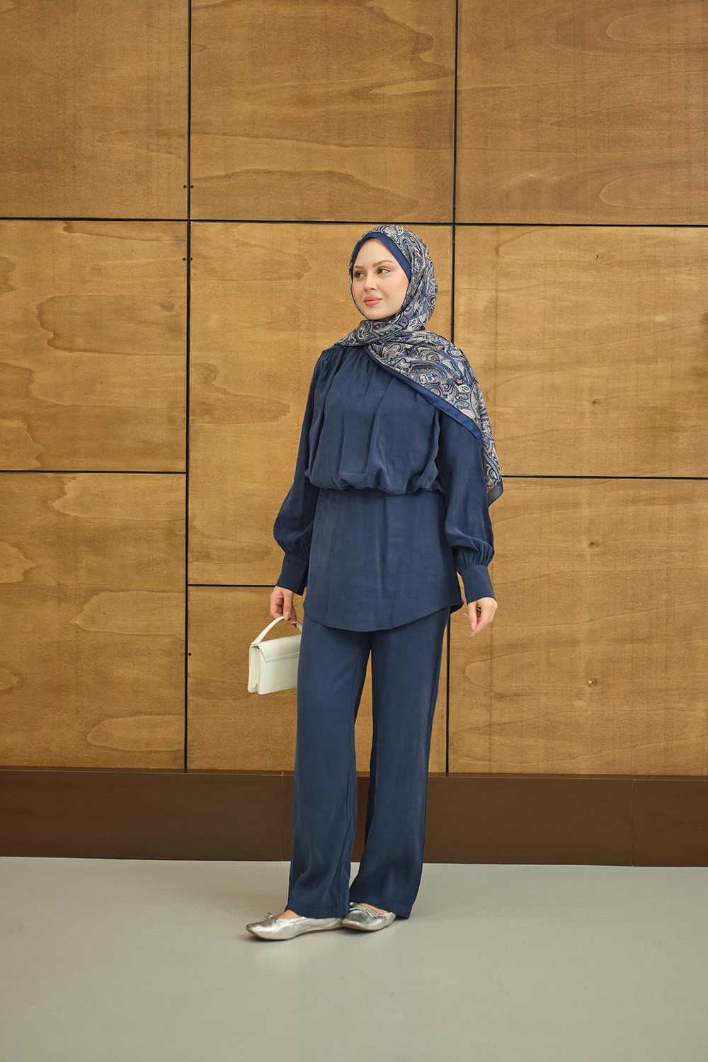 Hakim Yaka Balon Bel Volanlı Slimfit Tencele Takım Lacivert