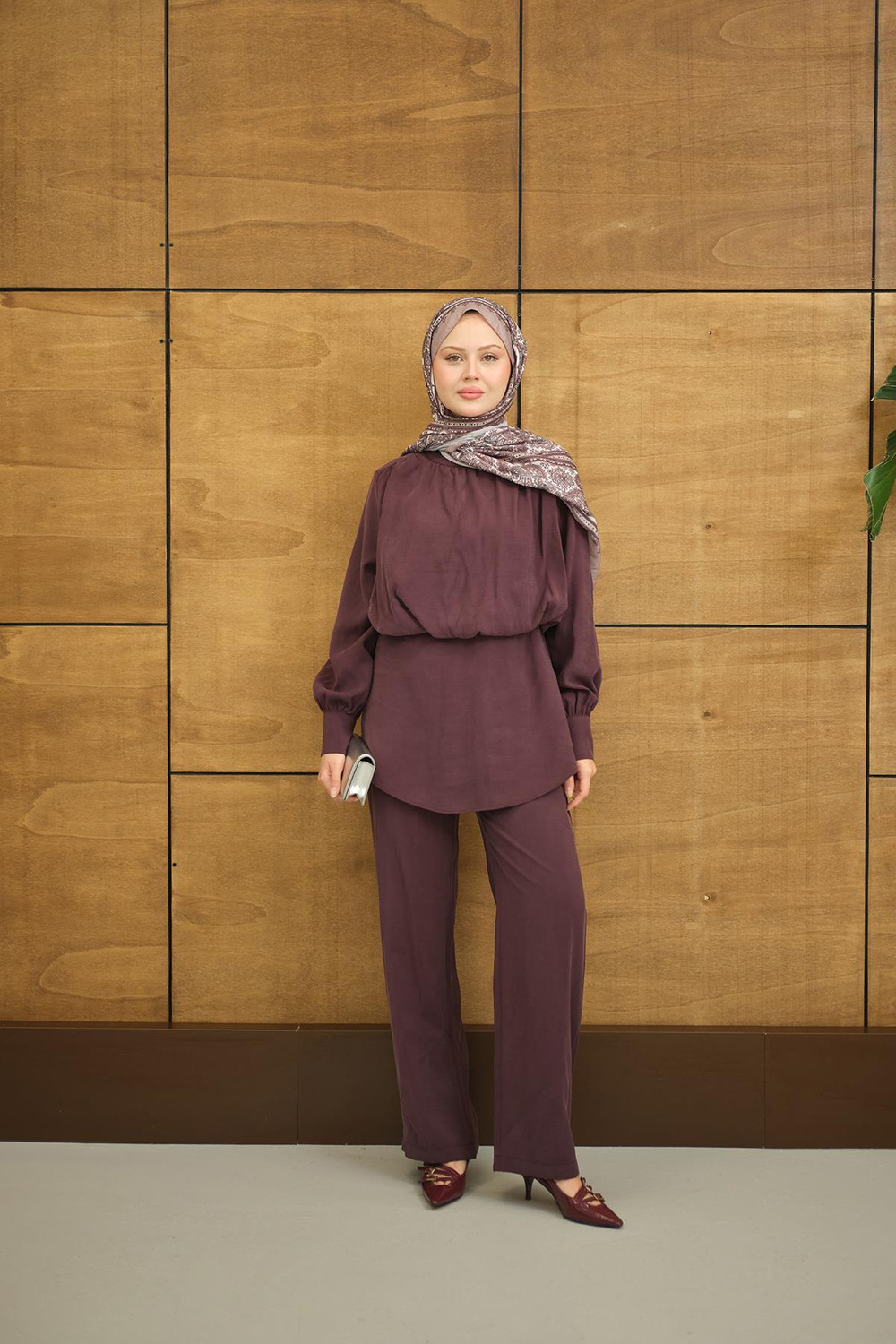 Hakim Yaka Balon Bel Volanlı Slimfit Tencele Takım Mürdüm