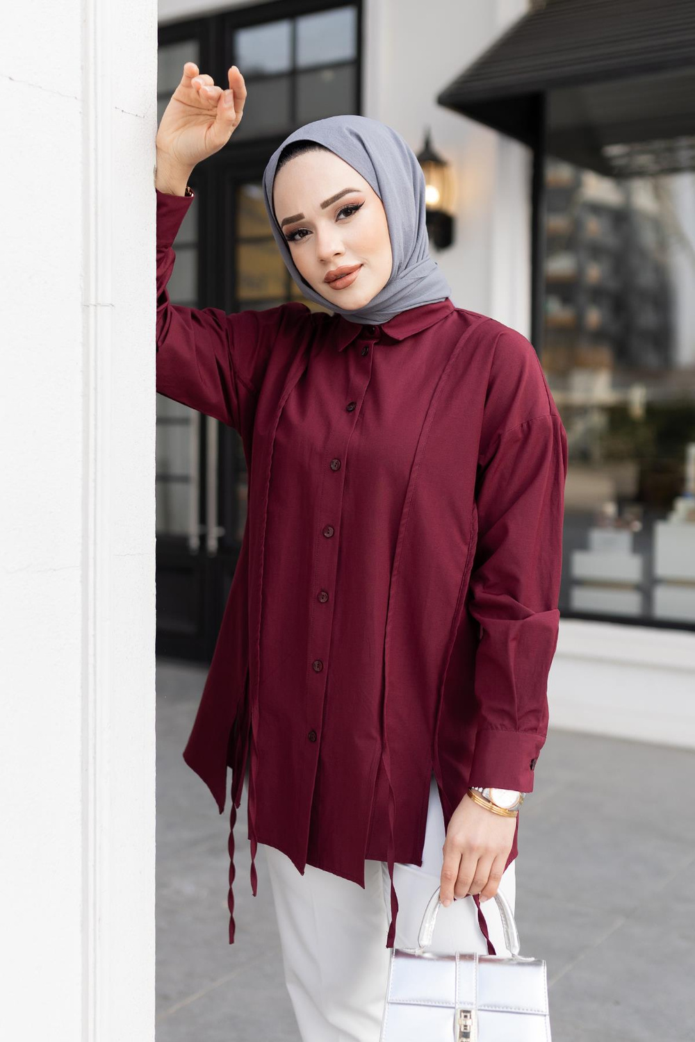 İp Detaylı Yırtmaçlı Gömlek Bordo