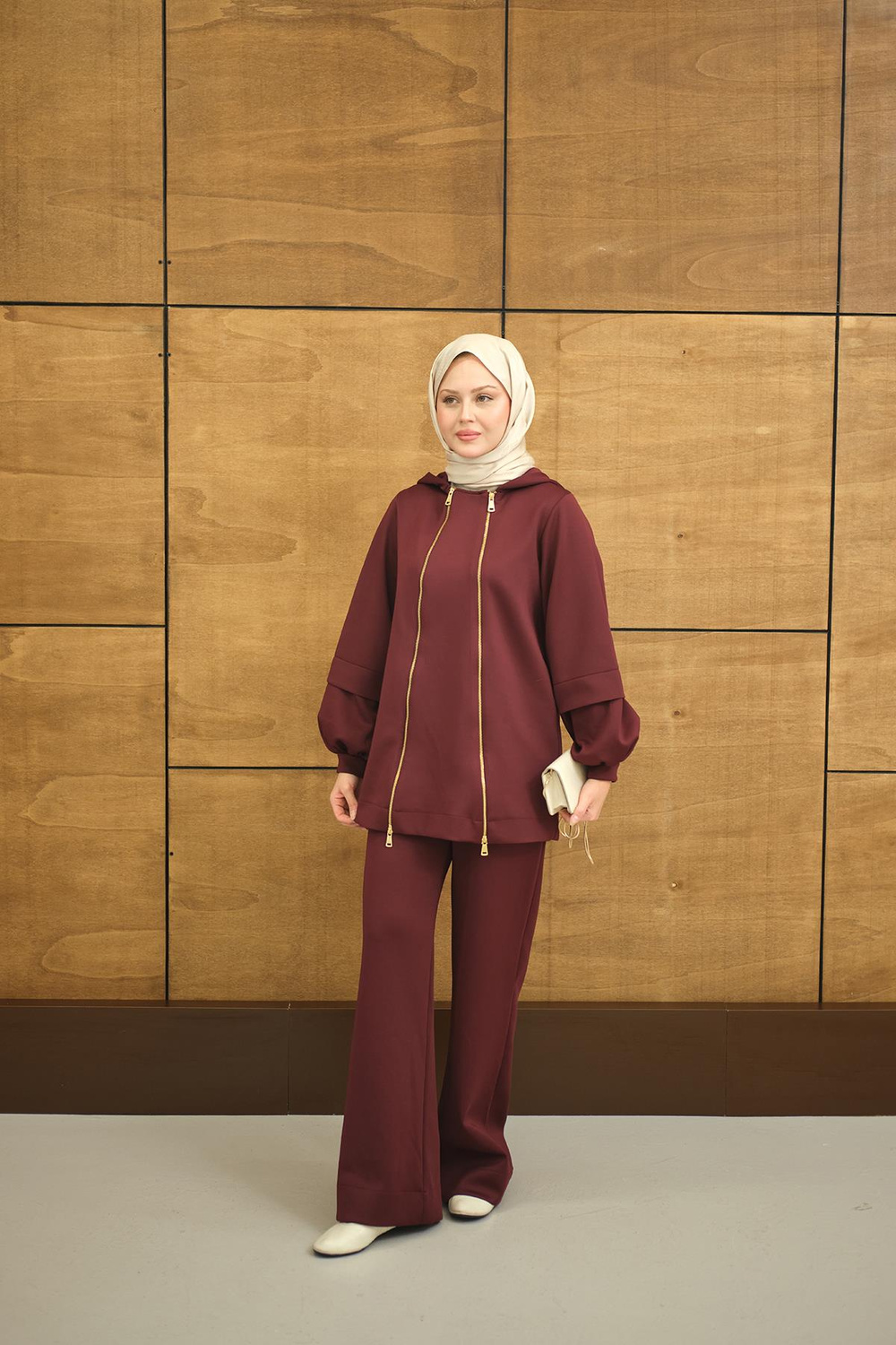 Kapüşonlu Çift Fermuar Detay Regular Scuba Takım Bordo
