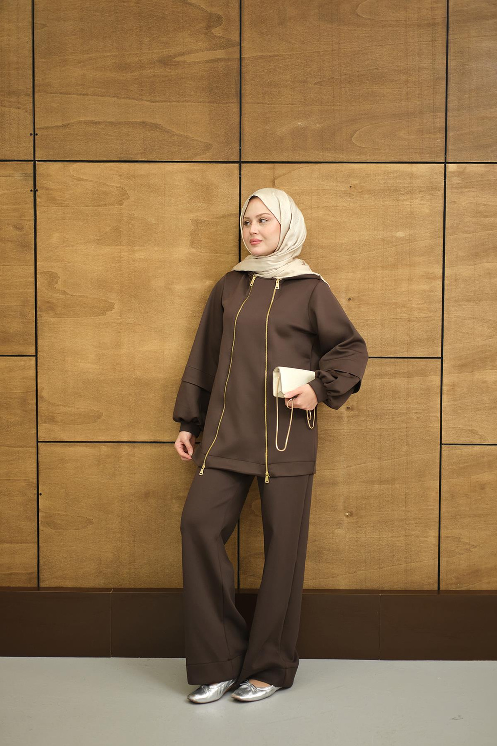 Kapüşonlu Çift Fermuar Detay Regular Scuba Takım Kahverengi