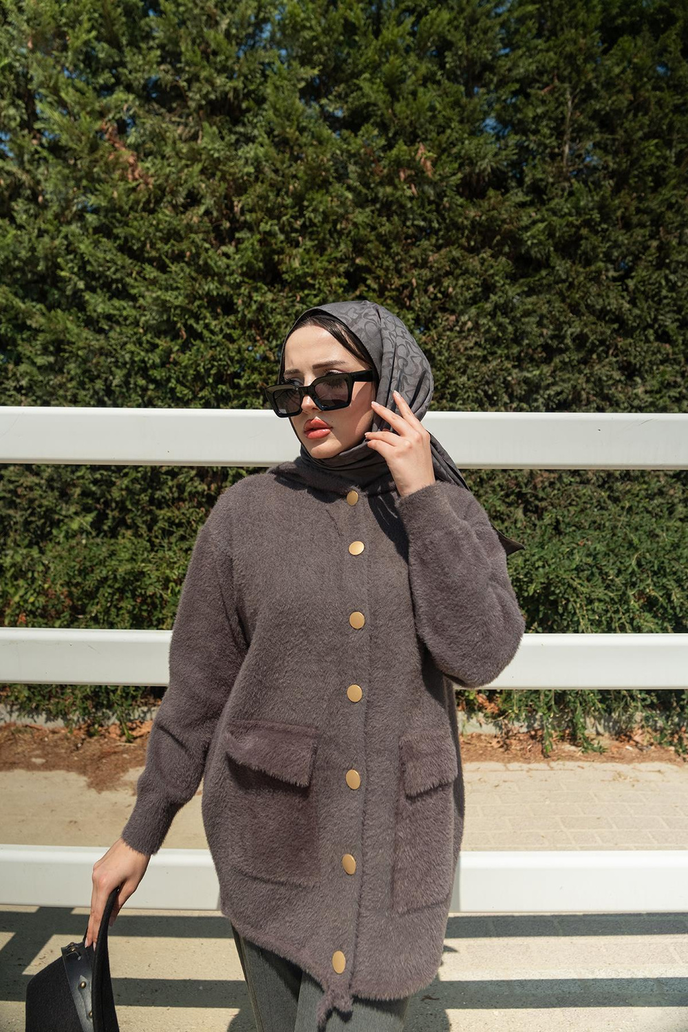 Kapüşonlu Triko Ceket Füme