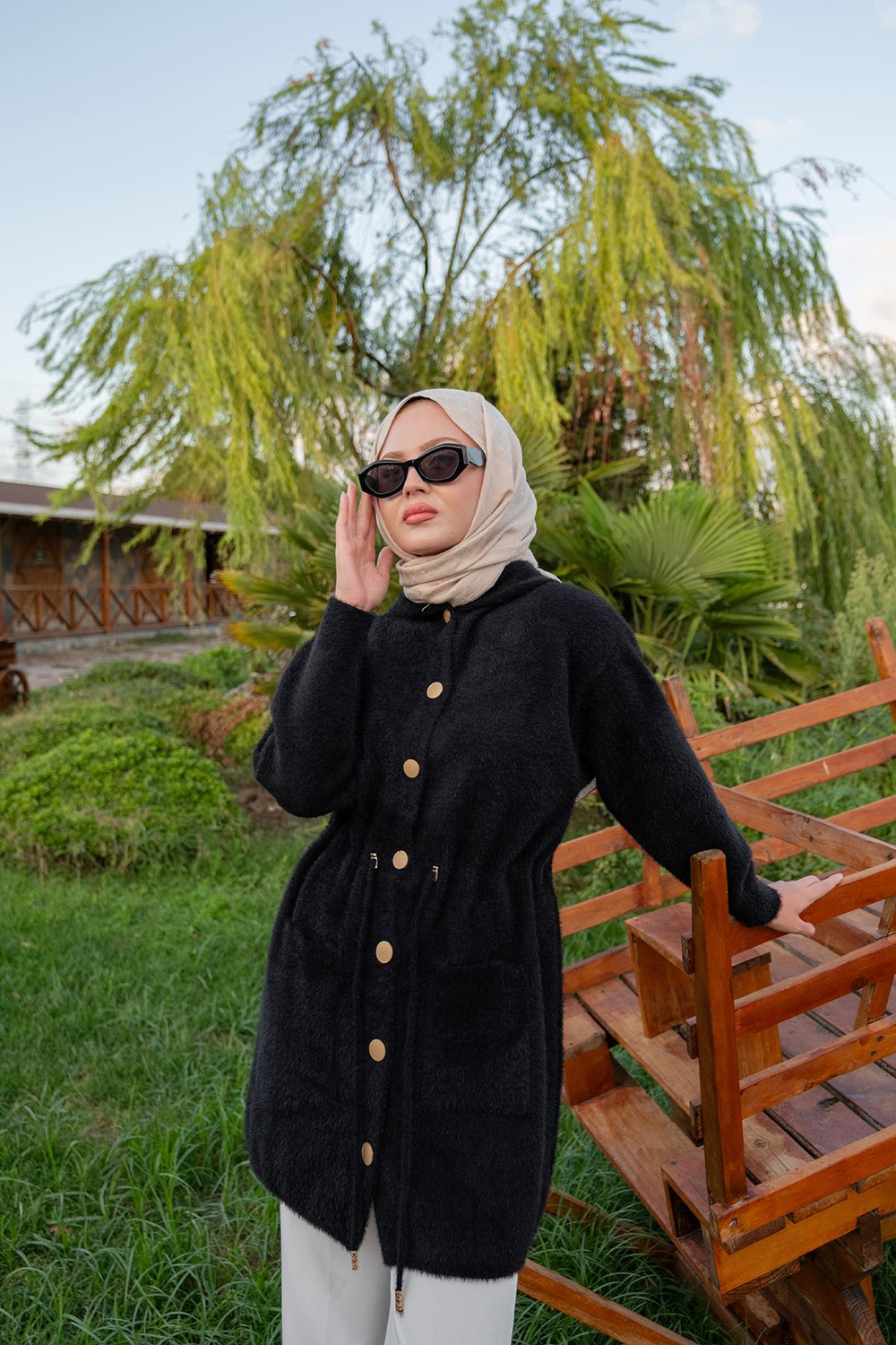 Kapüşonlu Triko Ceket Siyah