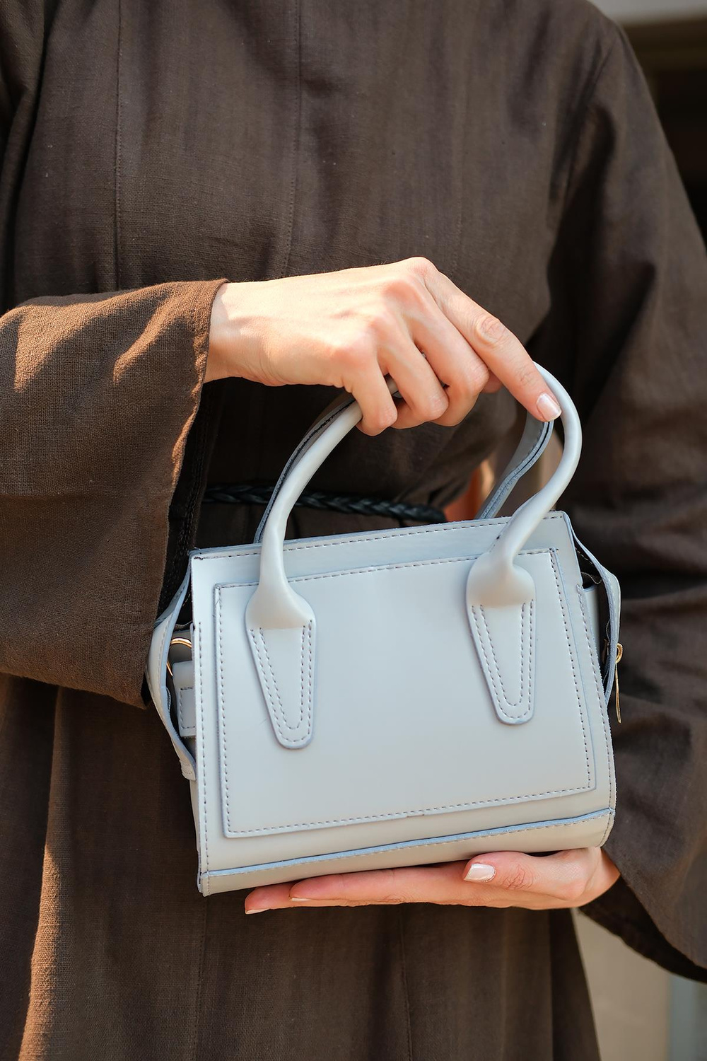 Kare Fermuarlı El Çantası Gümüş