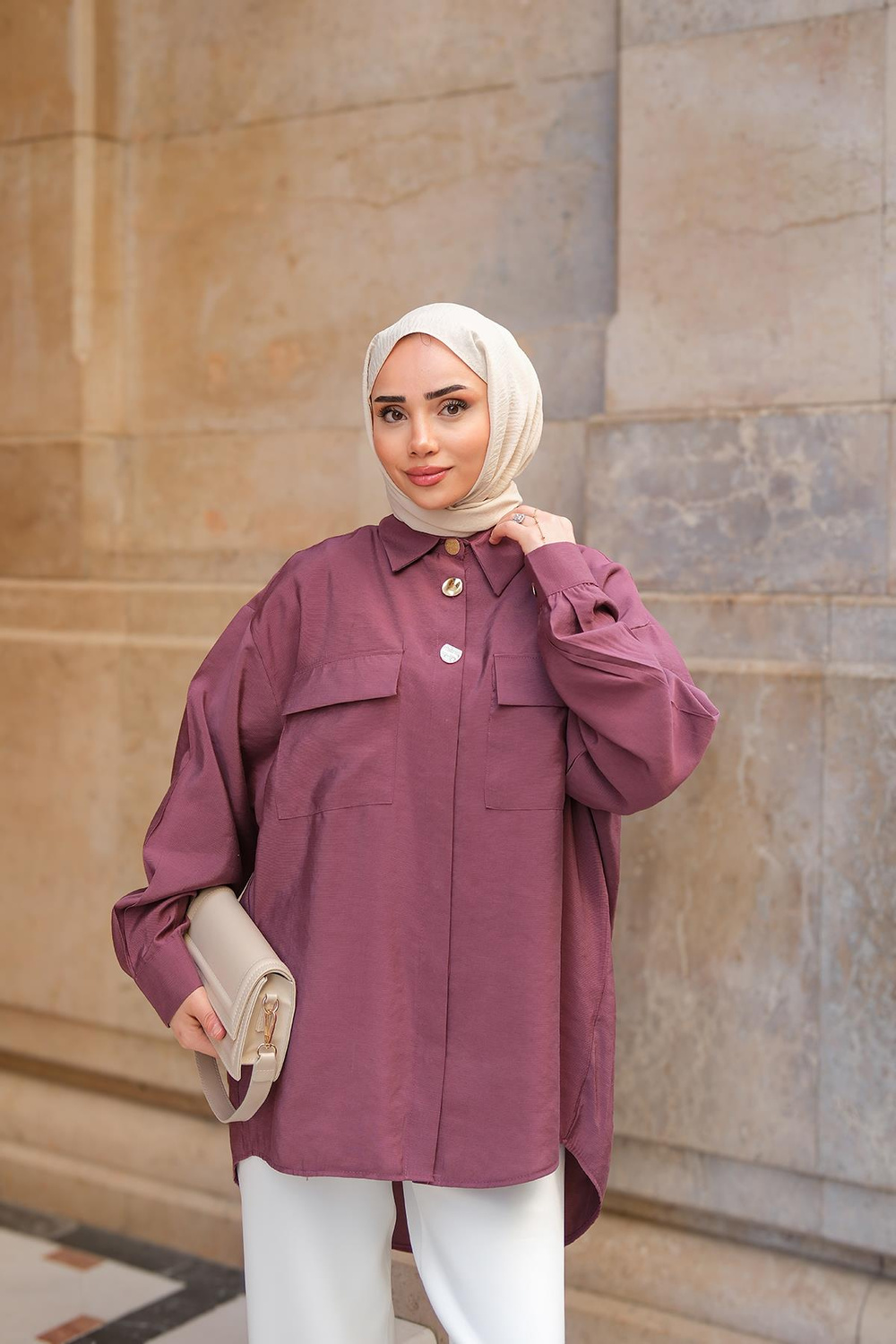 Kargo Cepli Oversize Gömlek Gül Kurusu