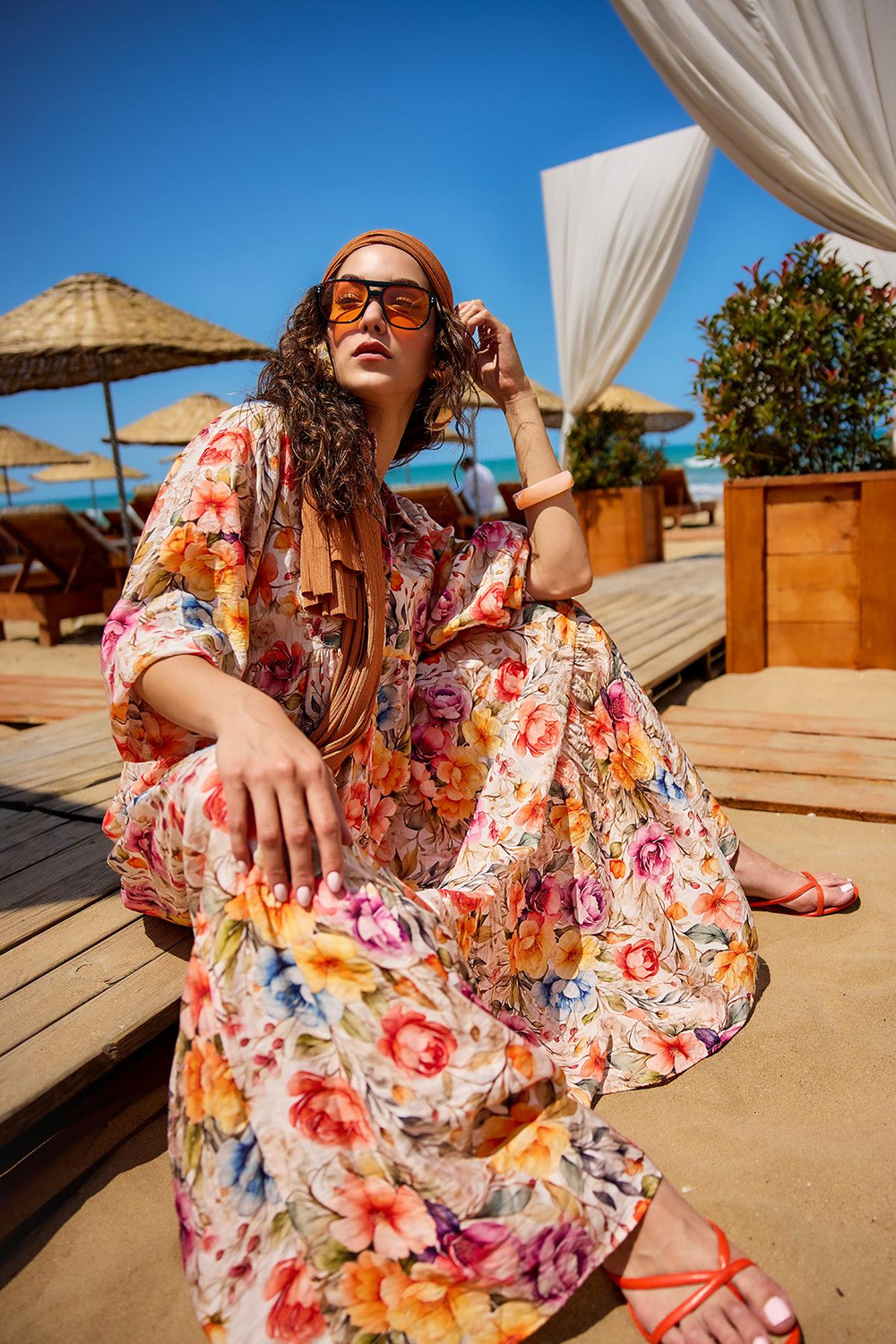 Karışık Çiçek Desen Elbise Krem