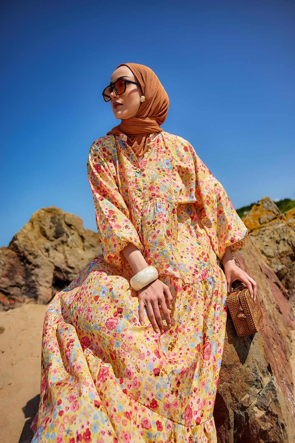 Karışık Çicek Desen Elbise Sarı