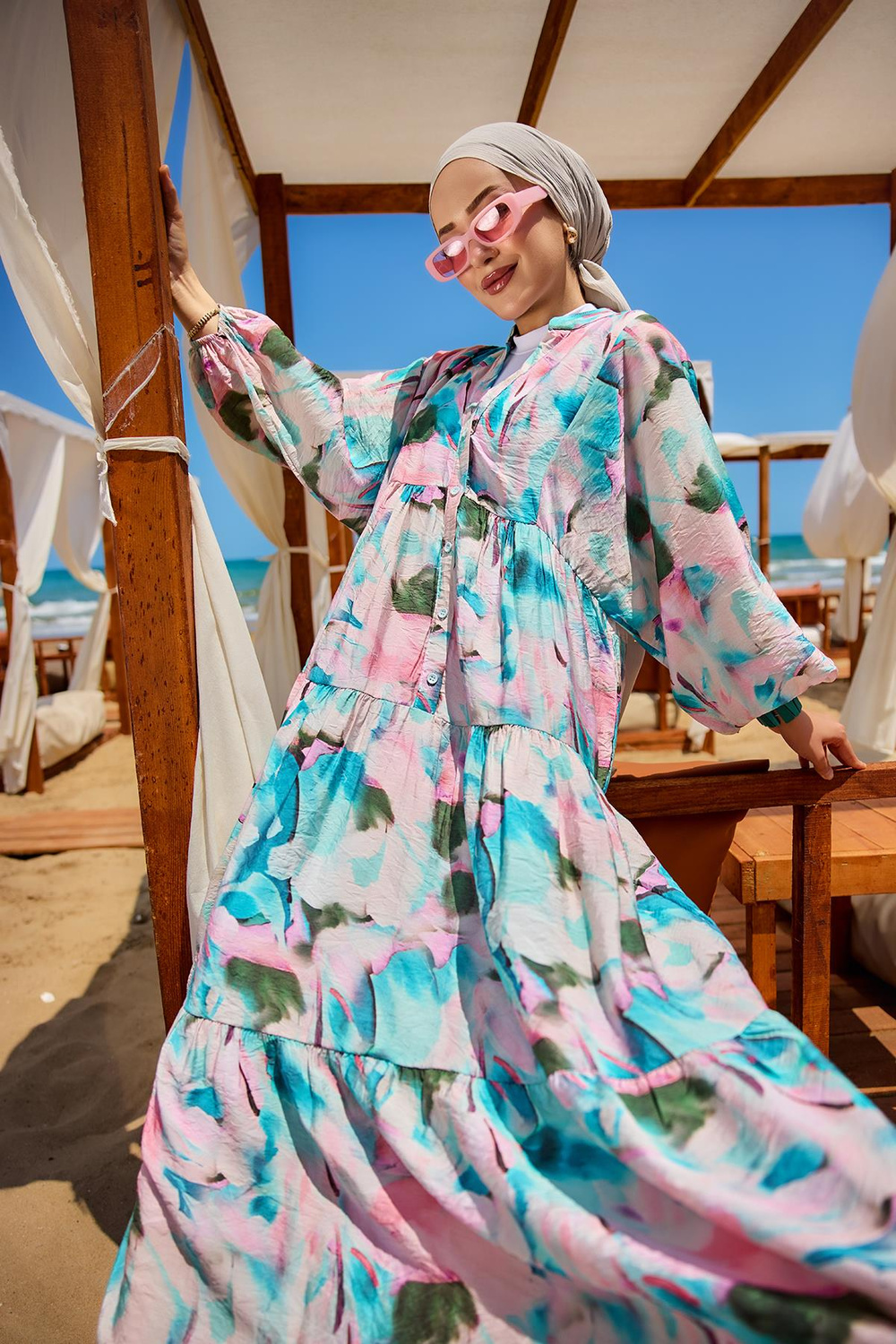 Karışık Desen Elbise Mavi