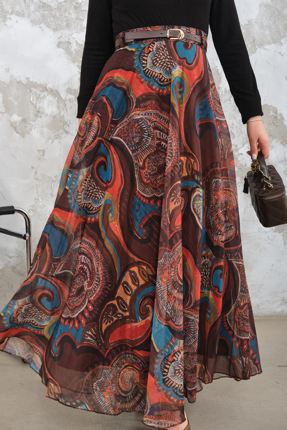 Kemerli Şifon Etek Kahverengi