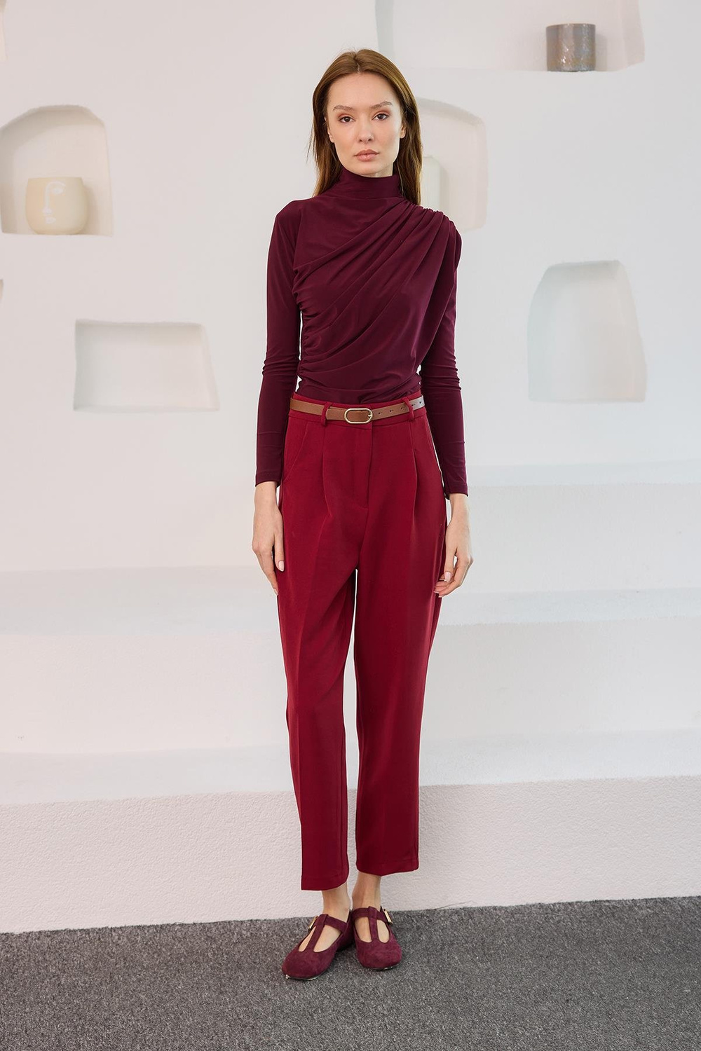 Kemerli Yüksek Bel Kumaş Pantolon Bordo