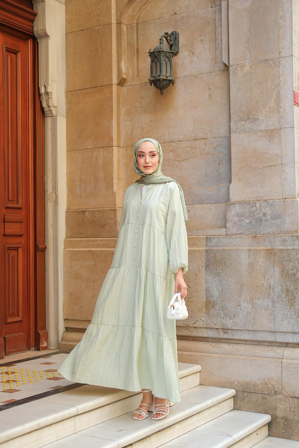 Kendinden Desenli Elbise Su Yeşil